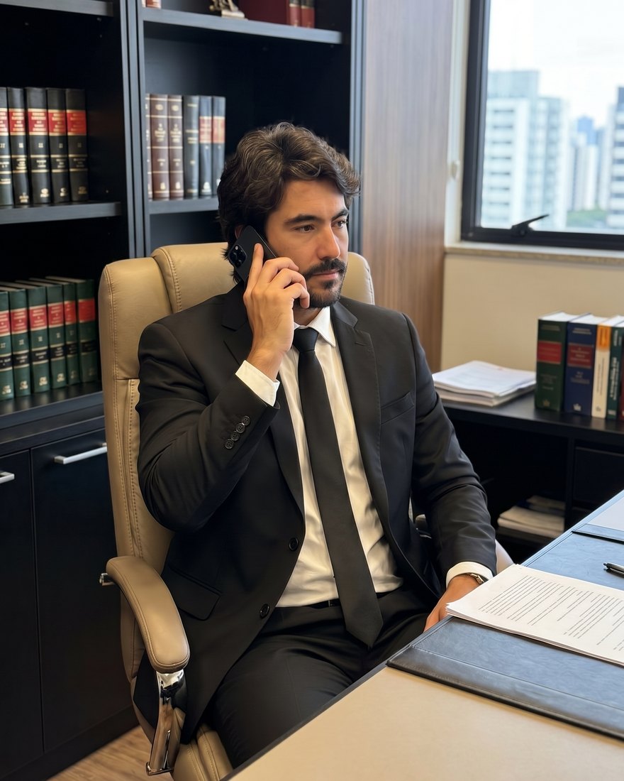 Everton Alves, advogado trabalhista, atendendo um cliente por telefone no escritorio